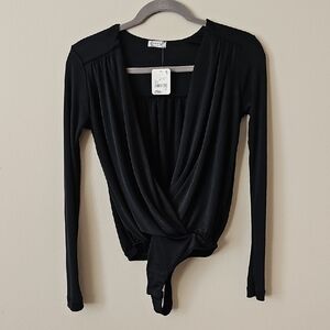 Free People Elegant Draped Black Long Sleeve Bodysuit